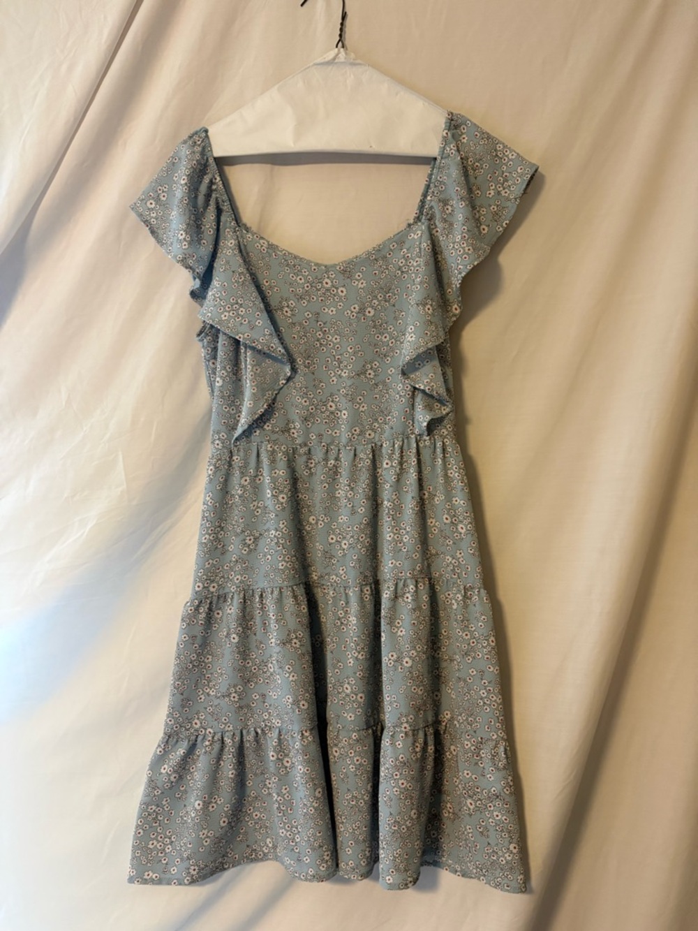Monteau Sage Blue Floral Ruffle Midi Dress